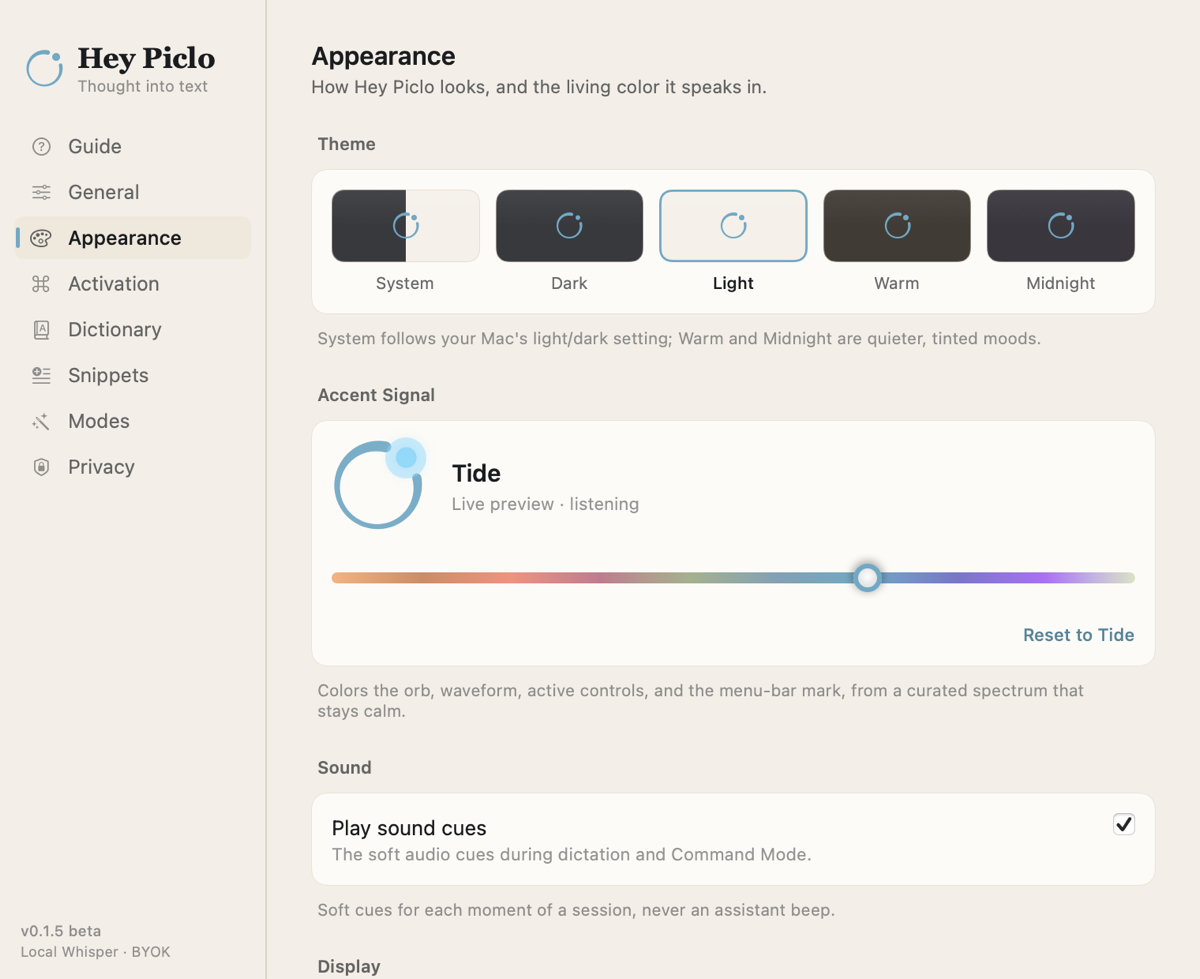 Hey Piclo's Appearance settings: theme tiles, the Accent Signal spectrum slider set to Tide, and a live listening preview of the Piclo Circle