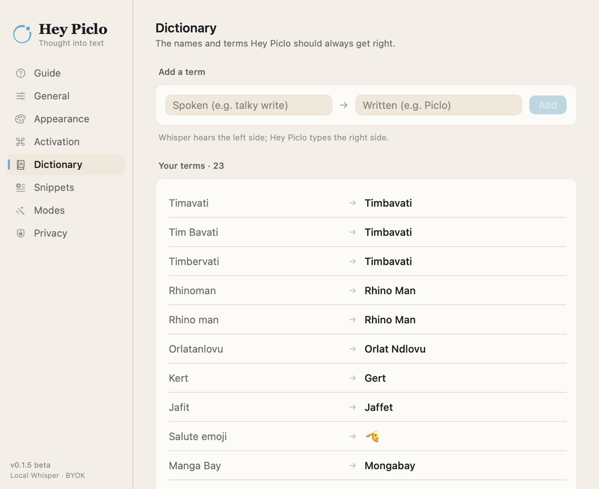 Hey Piclo's Dictionary settings: a list of taught terms, each mapping what Piclo hears to what should be typed